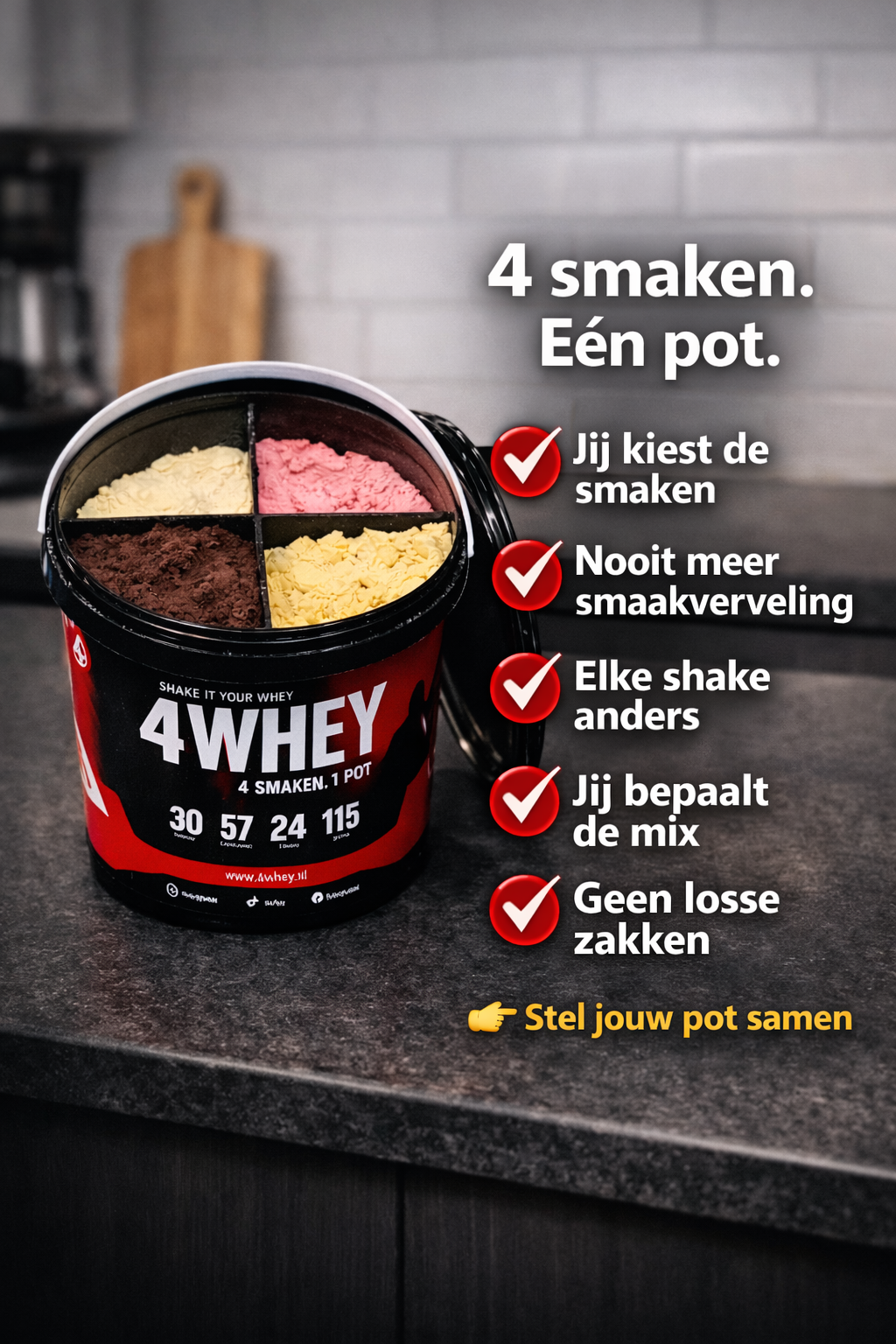Whey protein met 4 zelfgekozen smaken in één pot van 4Whey