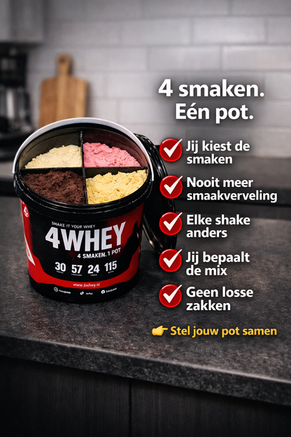 Whey protein met 4 zelfgekozen smaken in één pot van 4Whey